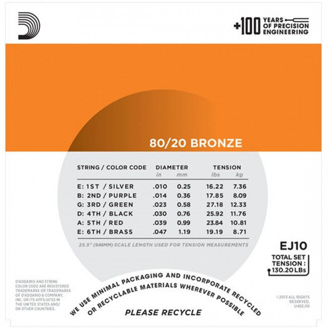D'Addario EJ10 Extra Light Acoustic Guitar String Set 10/47 80/20 Bronze — view 2