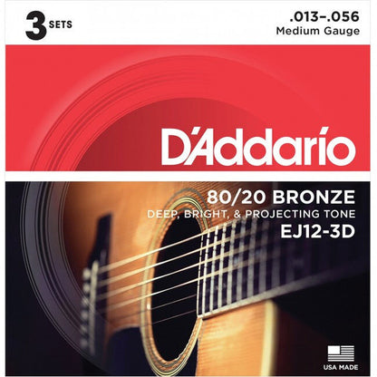D'Addario 3-Pack EJ12 80/20 Bronze Acoustic Guitar Strings - Medium Gauge