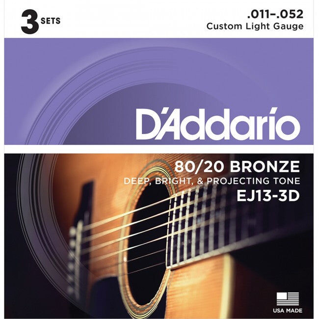 D'Addario 3-Pack EJ13 80/20 Bronze Acoustic Guitar Strings Custom Light Gauge