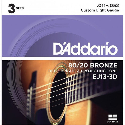 D'Addario 3-Pack EJ13 80/20 Bronze Acoustic Guitar Strings Custom Light Gauge