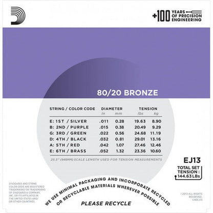 D'Addario 11-52 Custom Light Acoustic Guitar Strings 80/20 Bronze 6-String Set — view 3