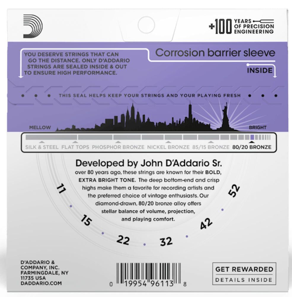 D'Addario 11-52 Custom Light Acoustic Guitar Strings 80/20 Bronze 6-String Set — view 6