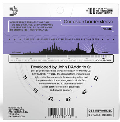 D'Addario 11-52 Custom Light Acoustic Guitar Strings 80/20 Bronze 6-String Set — view 6