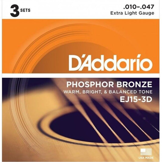 D'Addario Acoustic Guitar String Set 3D 10-47 Phosphor Bronze Extra Light