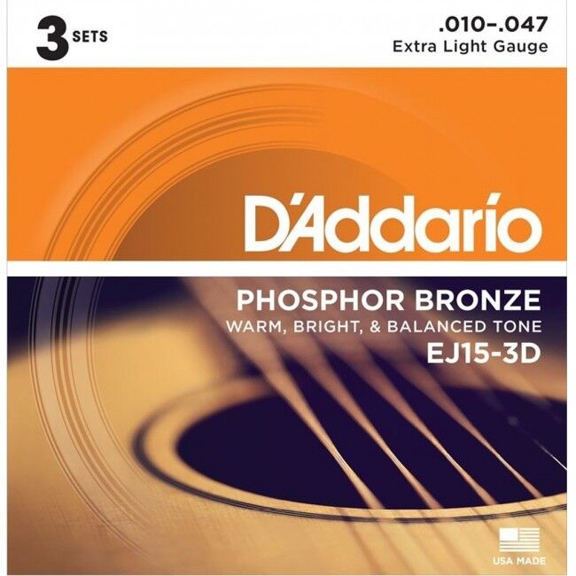 D'Addario Acoustic Guitar String Set 3D 10-47 Phosphor Bronze Extra Light