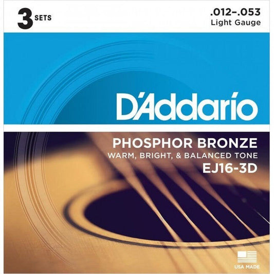 D'Addario Acoustic Guitar String Set Phosphor Bronze 12/53 Regular Light EJ16