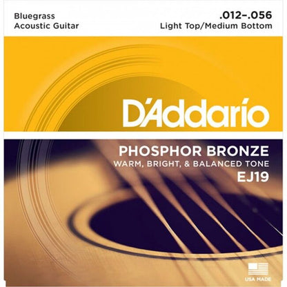 D'Addario EJ19 Bluegrass LT Guitar Strings - Hybrid Gauge, Phosphor Bronze, Made in USA, .012 to .056