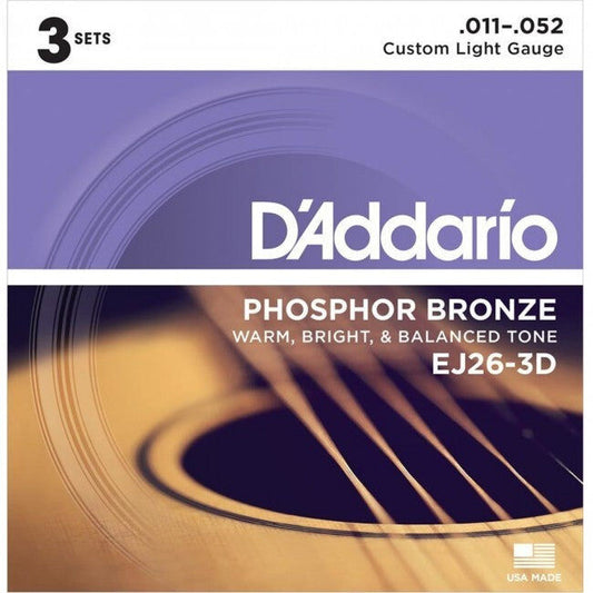 D'Addario Acoustic Guitar String Set 3D 11-52 Custom Light Phosphor Bronze