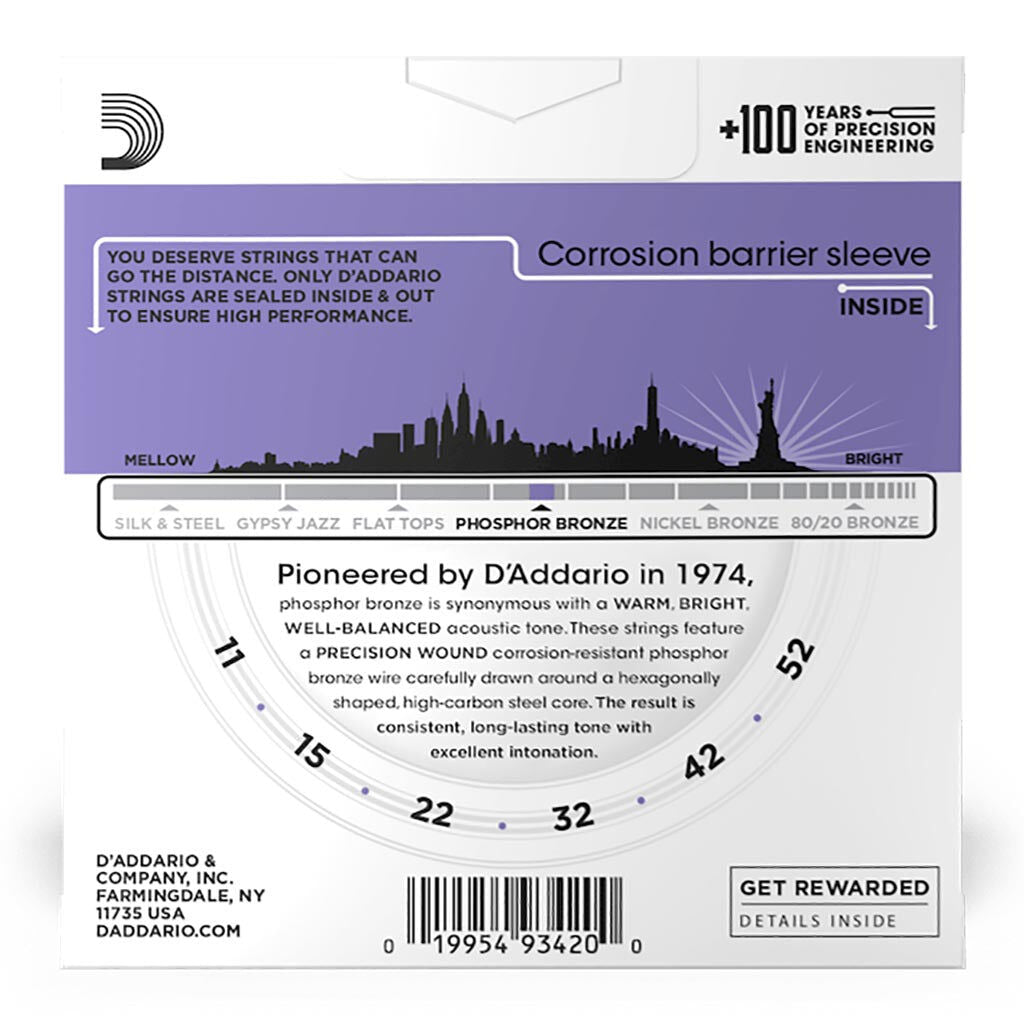 D'Addario Acoustic Guitar String Set 3D 11-52 Custom Light Phosphor Bronze — view 3