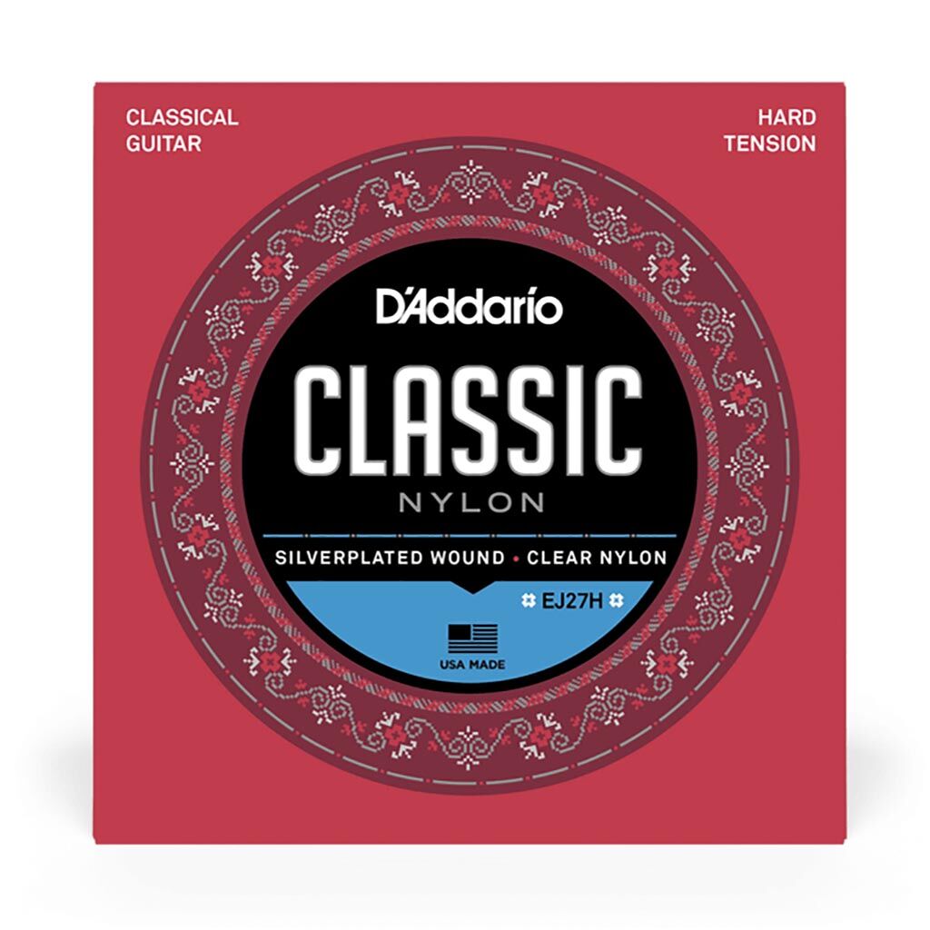D'Addario EJ27H Hard Tension Nylon Classical Guitar Strings, Full Scale, Tie-End, 6 Strings, Clear Nylon Trebles, Silver-Plated Copper Wound Basses