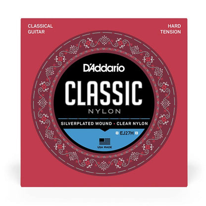 D'Addario EJ27H Hard Tension Nylon Classical Guitar Strings, Full Scale, Tie-End, 6 Strings, Clear Nylon Trebles, Silver-Plated Copper Wound Basses