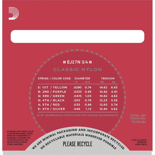 D'Addario Classical Guitar String Set 3/4 Size Nylon Normal