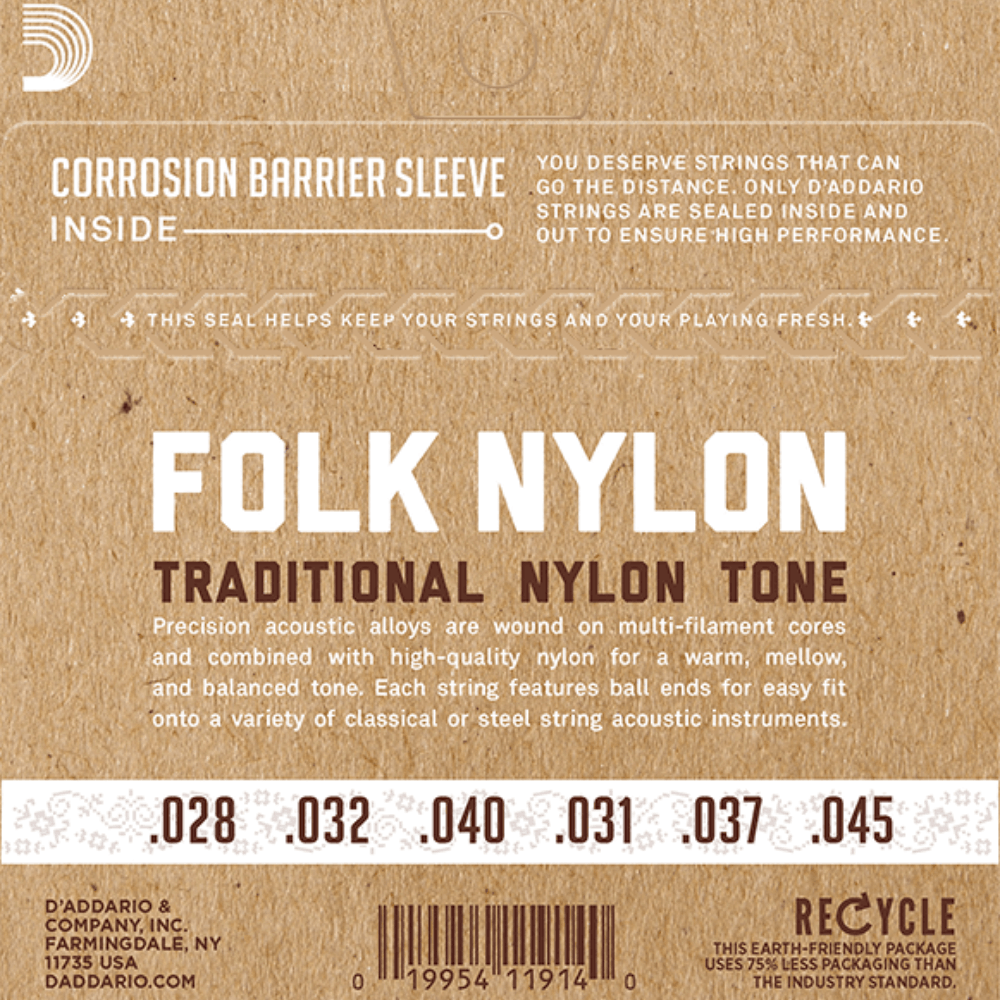 D'Addario Folk Nylon Acoustic Guitar Strings Set with Ball Ends, 6 Strings, Silver-Wound Bass, Clear Nylon Trebles — view 2