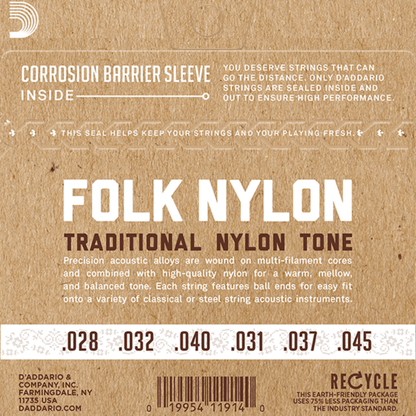D'Addario Folk Nylon Acoustic Guitar Strings Set with Ball Ends, 6 Strings, Silver-Wound Bass, Clear Nylon Trebles — view 2