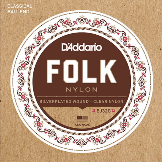 D'Addario Folk Nylon Acoustic Guitar Strings Set with Ball Ends, 6 Strings, Silver-Wound Bass, Clear Nylon Trebles