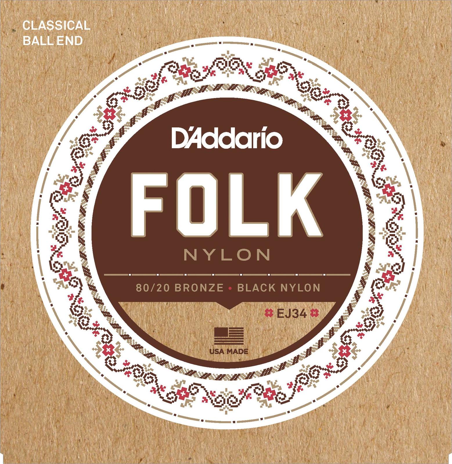 D'Addario EJ34 Folk Nylon Guitar Strings, Ball End, 80-20 Bronze-Black Nylon Trebles