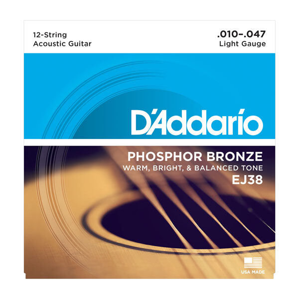 D'Addario Acoustic Guitar 12 String Set EJ38 10-47 Phosphor Bronze Extra Light Gauge