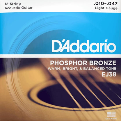 D'Addario Acoustic Guitar 12 String Set EJ38 10-47 Phosphor Bronze Extra Light Gauge — view 3