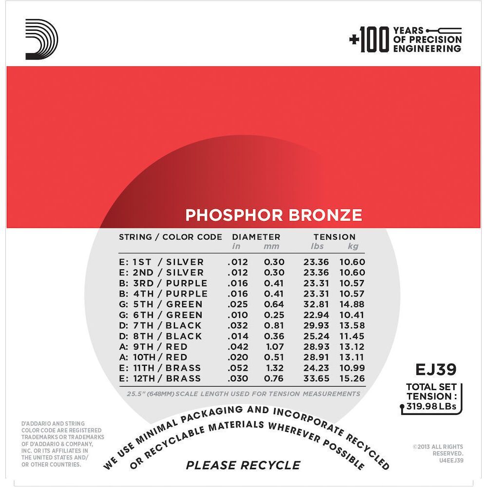 D'Addario Phosphor Bronze Acoustic Guitar Strings 12-52 Medium 12-String Set EJ39 — view 5