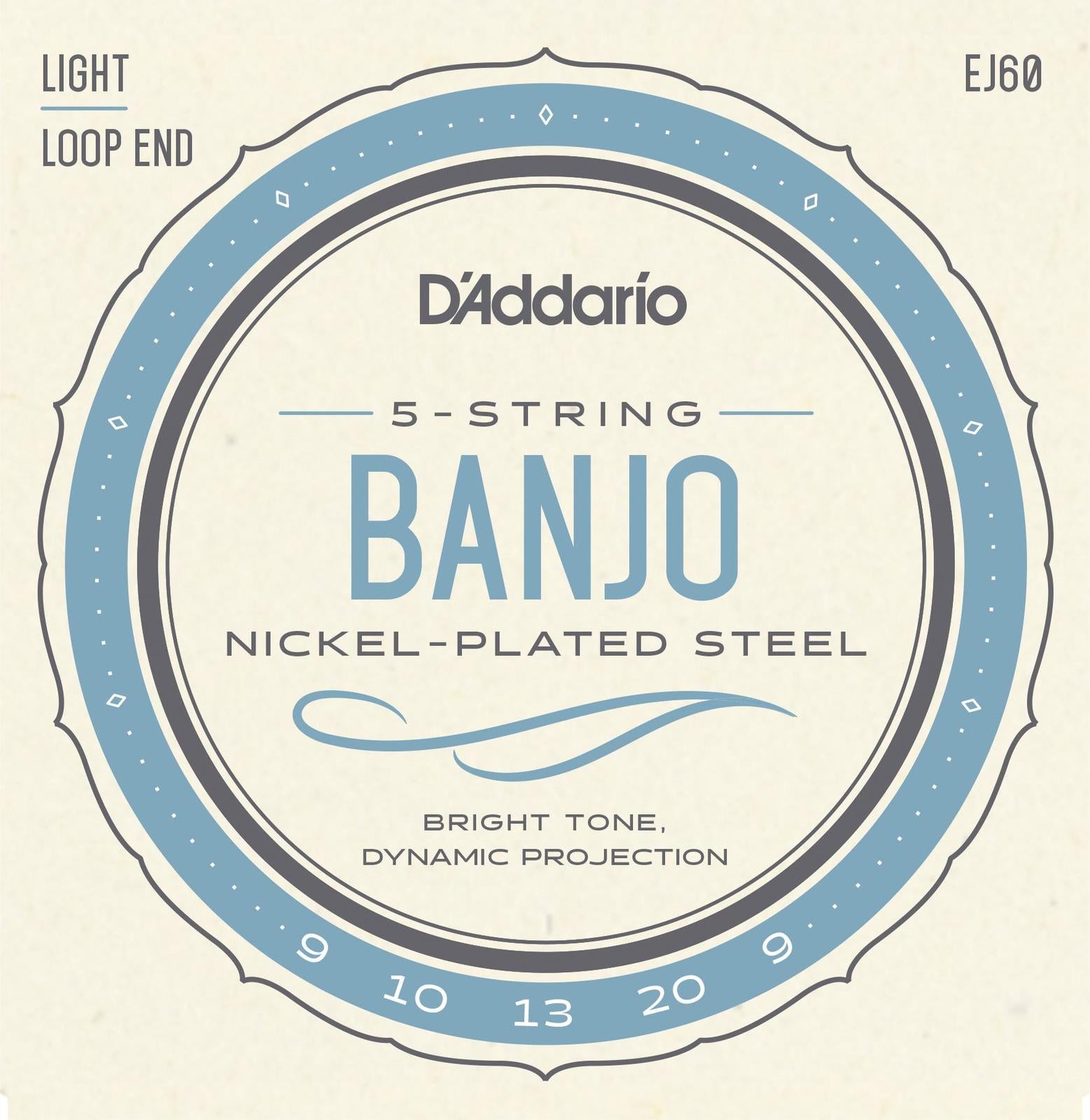 D'Addario EJ60+ 5-String Banjo Strings, Nickel, Light Plus, 9.5-20