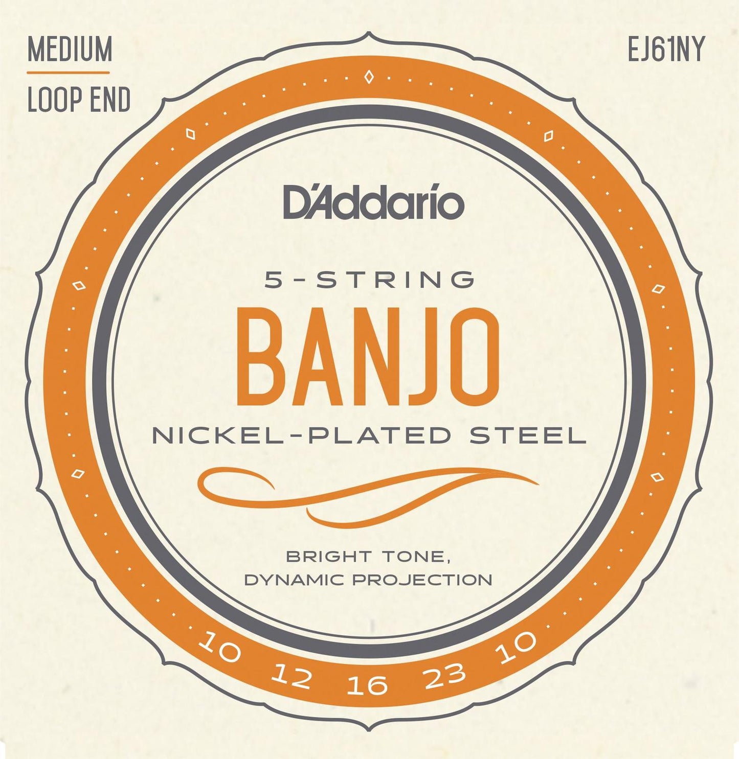 D'Addario EJ61NY 5-String Banjo Strings, NY Steel, Medium 10-23