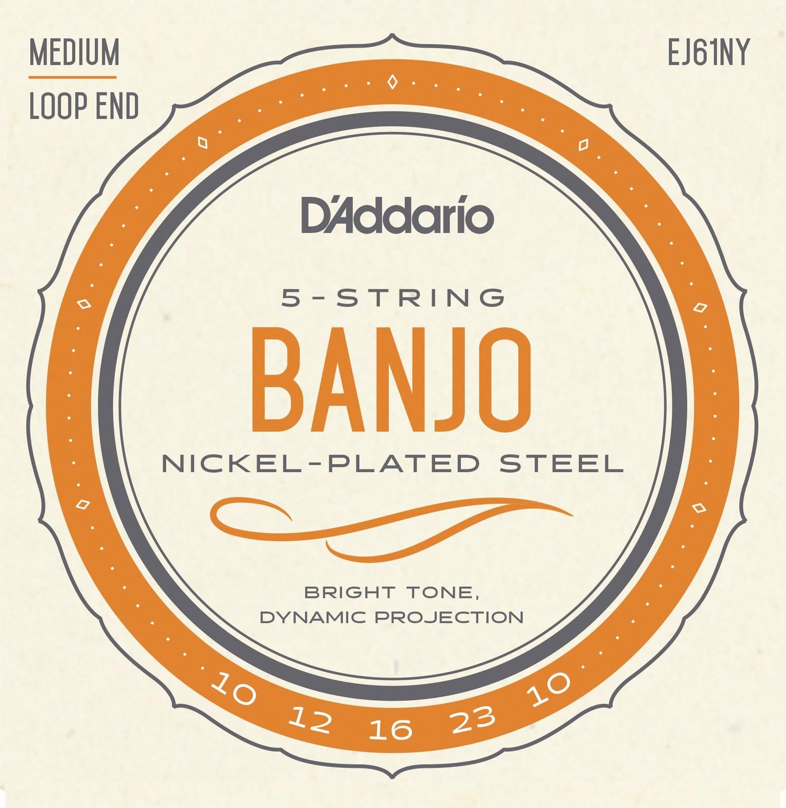D'Addario EJ61NY 5-String Banjo Strings, NY Steel, Medium 10-23