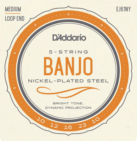 D'Addario EJ61NY 5-String Banjo Strings, NY Steel, Medium 10-23