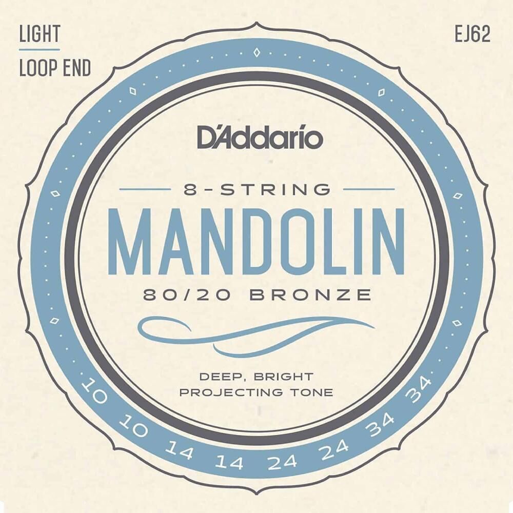 D'Addario EJ62 Mandolin String Set - Light Gauge 80/20 Bronze, Loopend Construction, Made in USA
