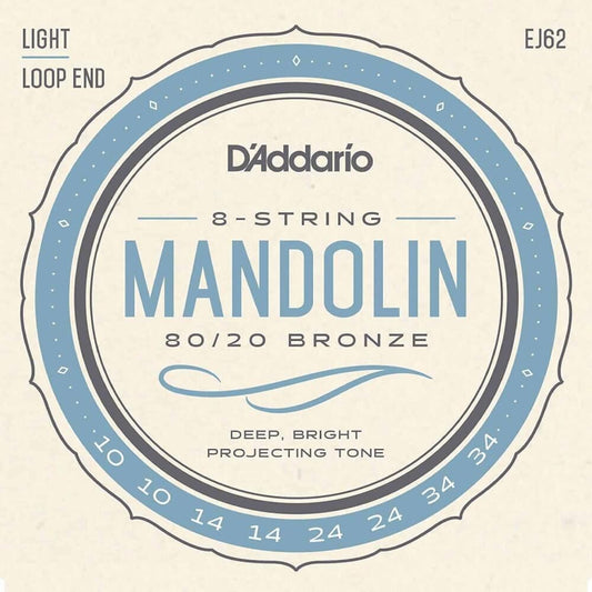 D'Addario EJ62 Mandolin String Set - Light Gauge 80/20 Bronze, Loopend Construction, Made in USA