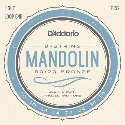 D'Addario EJ62 Mandolin String Set - Light Gauge 80/20 Bronze, Loopend Construction, Made in USA