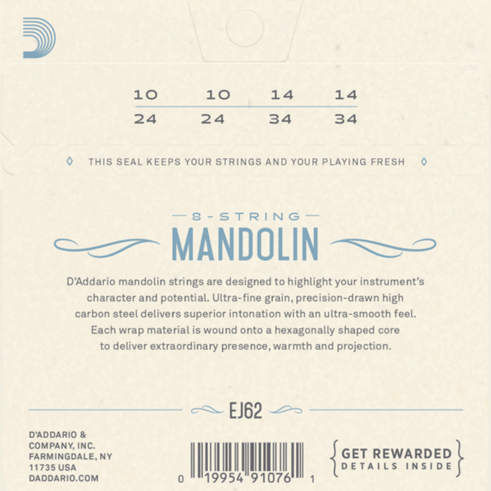 D'Addario EJ62 Mandolin String Set - Light Gauge 80/20 Bronze, Loopend Construction, Made in USA