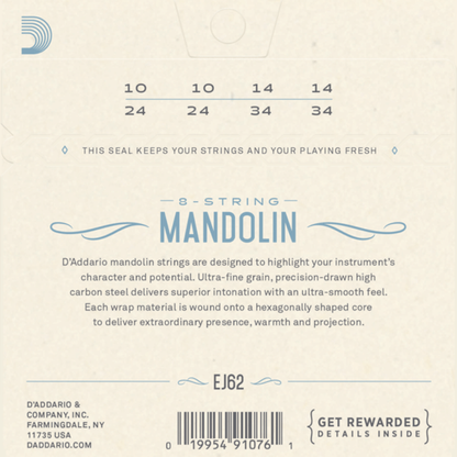 D'Addario EJ62 Mandolin String Set - Light Gauge 80/20 Bronze, Loopend Construction, Made in USA