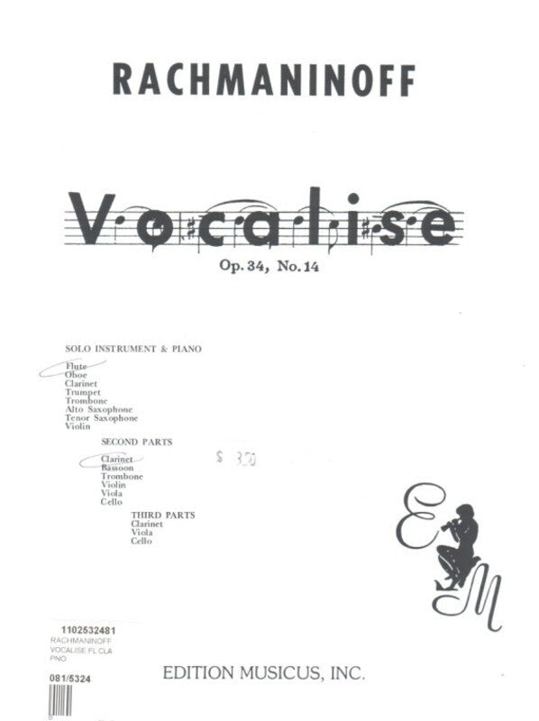 Vocalise Op 34 No 14  Fl Cla Piano