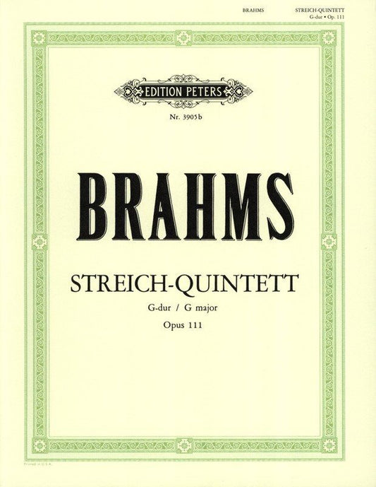 Brahms String Quintet No. 2 in G Major Op. 111 for Cello, Viola, Violin - Edition Peters