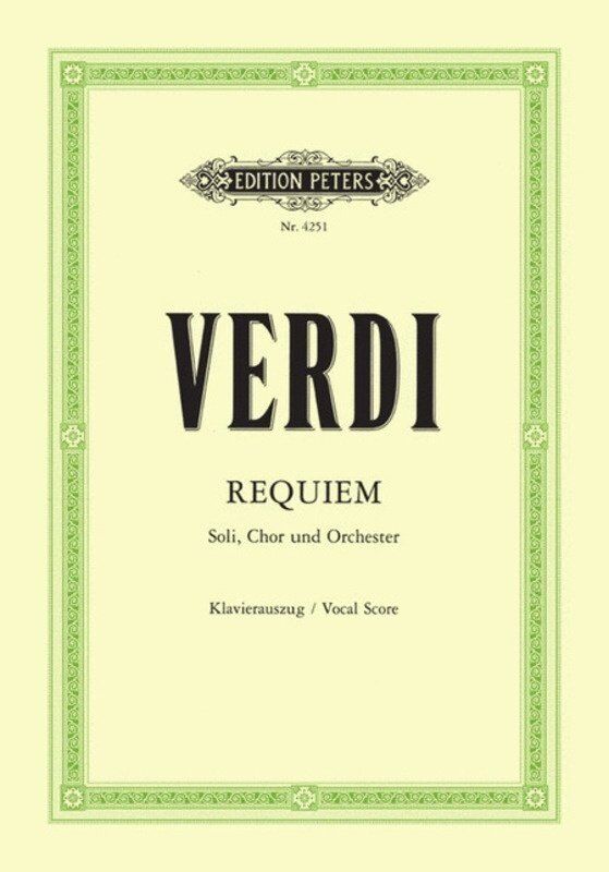 Verdi Requiem Vocal Score - Edition Peters, Latin, for Soli, Chorus, Orchestra, Piano Reduction, Edited by Kurt Soldan. 1 Page.