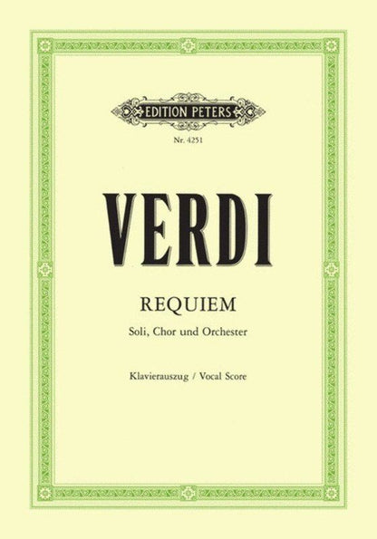 Verdi Requiem Vocal Score - Edition Peters, Latin, for Soli, Chorus, Orchestra, Piano Reduction, Edited by Kurt Soldan. 1 Page.