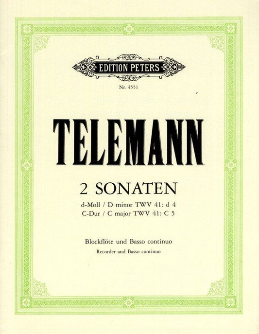 Sonatas D Minor and C for Recorder by Georg Philipp Telemann, Edition Peters, 1 Page