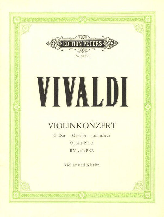 Vivaldi Concerto Op. 3 No. 3 in G RV 310 for Violin and Piano, Edition Peters