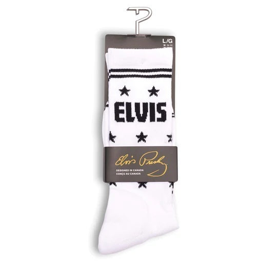 Perris Licensed ELVIS "The King" Large Crew Socks - White, 1 Pair, Soft Combed Cotton, Stretch, Terry Cushion Sole, Men 9-12, Women 11-14