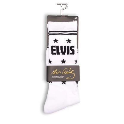 Perris Licensed ELVIS "The King" Large Crew Socks - White, 1 Pair, Soft Combed Cotton, Stretch, Terry Cushion Sole, Men 9-12, Women 11-14