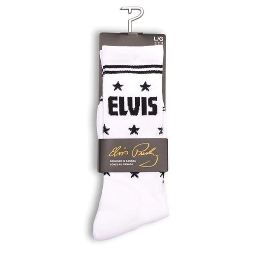 Perris Licensed ELVIS "The King" Large Crew Socks - White, 1 Pair, Soft Combed Cotton, Stretch, Terry Cushion Sole, Men 9-12, Women 11-14