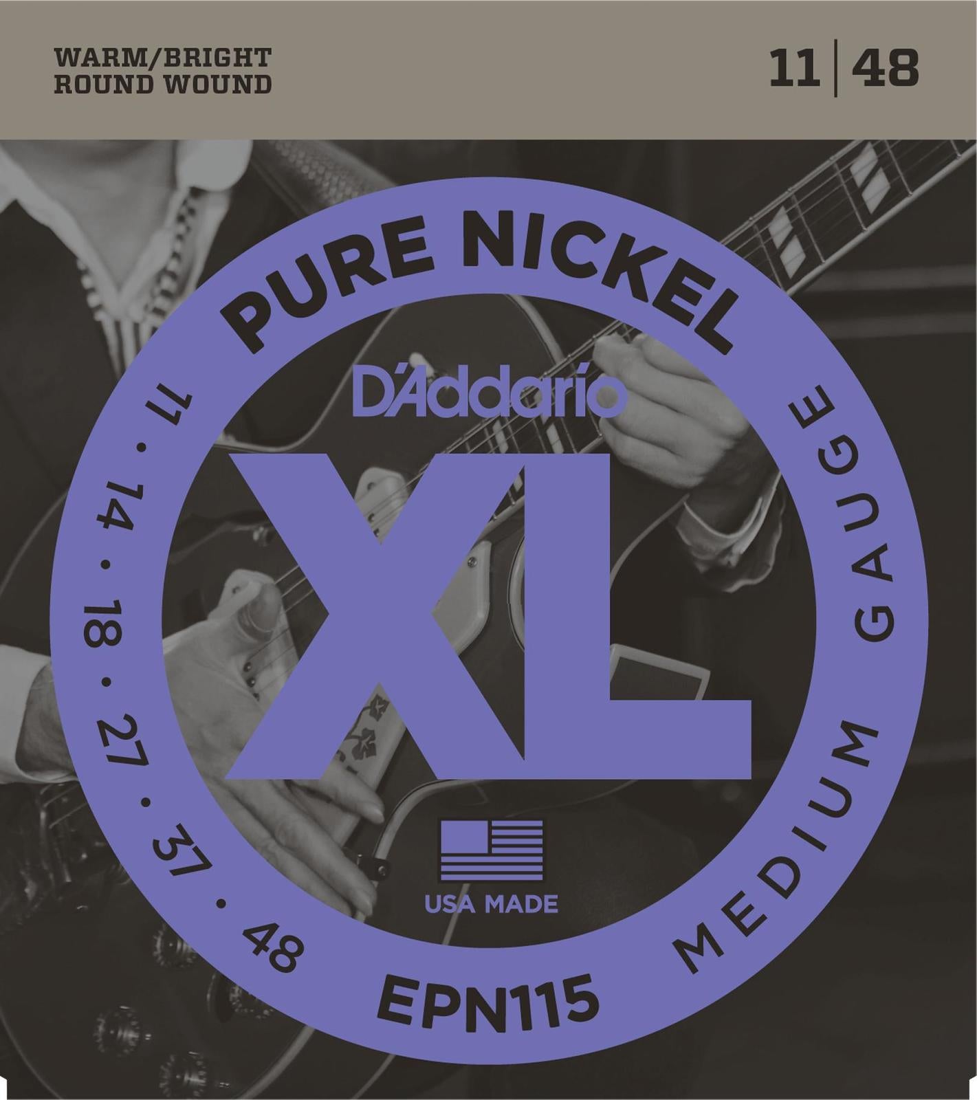D'Addario EPN115 Pure Nickel Electric Guitar Strings, Blues-Jazz Rock, 11-48