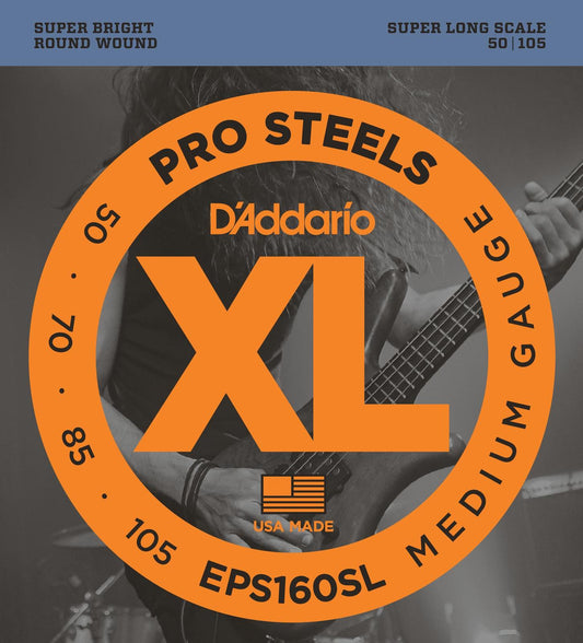 D'Addario EPS160SL ProSteels Bass Guitar Strings, Medium, 50-105, Super Long Scale
