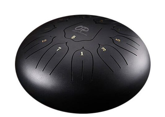 Opus Percussion 10" Metal 11-Note Lotus Carves Tongue Drum in Black, D-Major Scale, Includes Mallets & Carry Bag