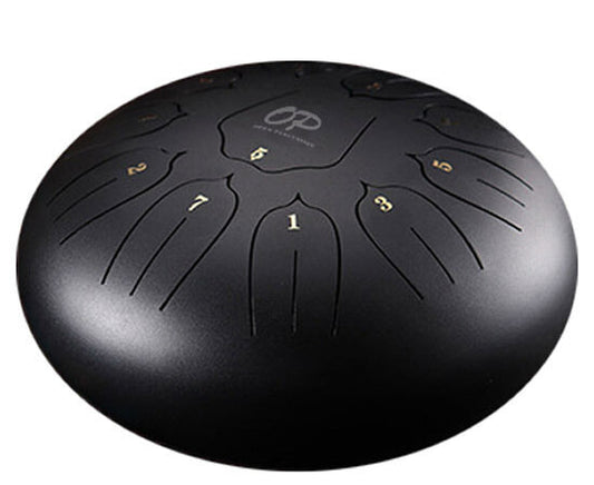 Opus Percussion 12" Metal 11-Note Lotus Carves Tongue Drum in Black, C-Major Scale, Includes Mallets & Carry Bag