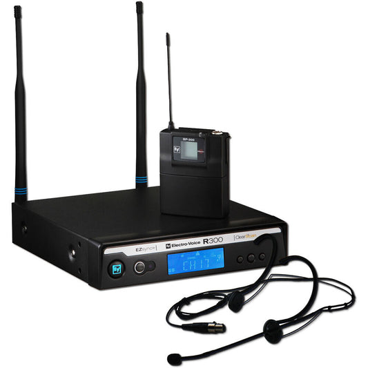 Electro-Voice R300-E Headworn Wireless System with HM3 Omni-Directional Microphone, B-Band, 32 Channels, Rack Mountable Receiver