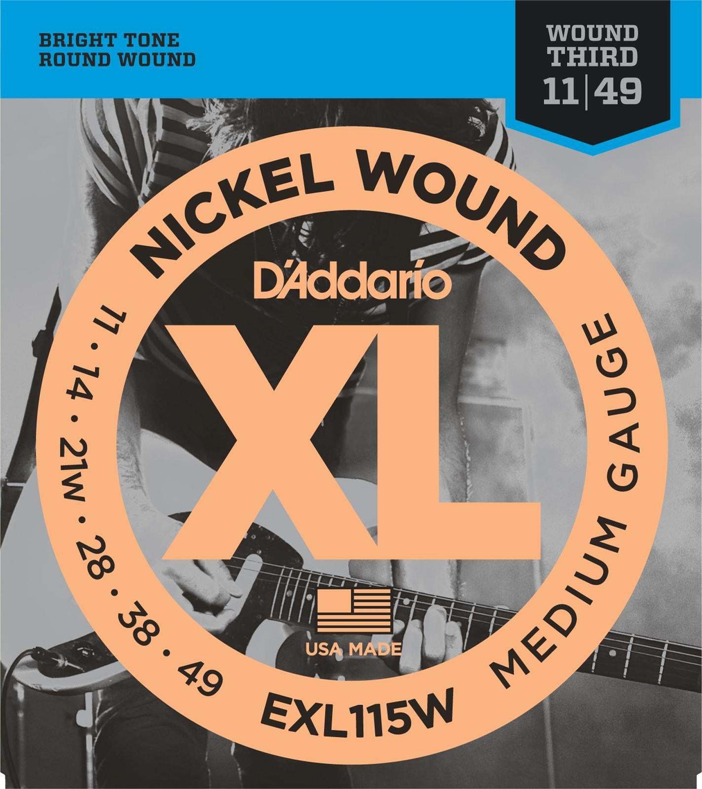 D'Addario EXL115 Nickel Wound Electric Guitar Strings, Medium-Blues-Jazz Rock, Wound 3rd, 11-49