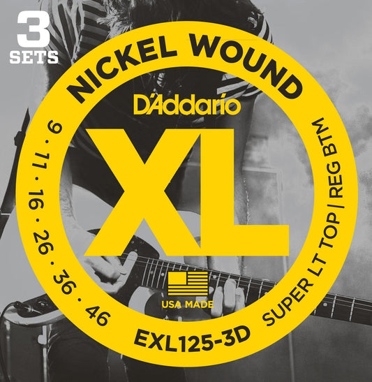 D'Addario EXL125-3D Nickel Wound Electric Guitar Strings, Super Light Top-Regular Bottom, 9-46, 3 Sets