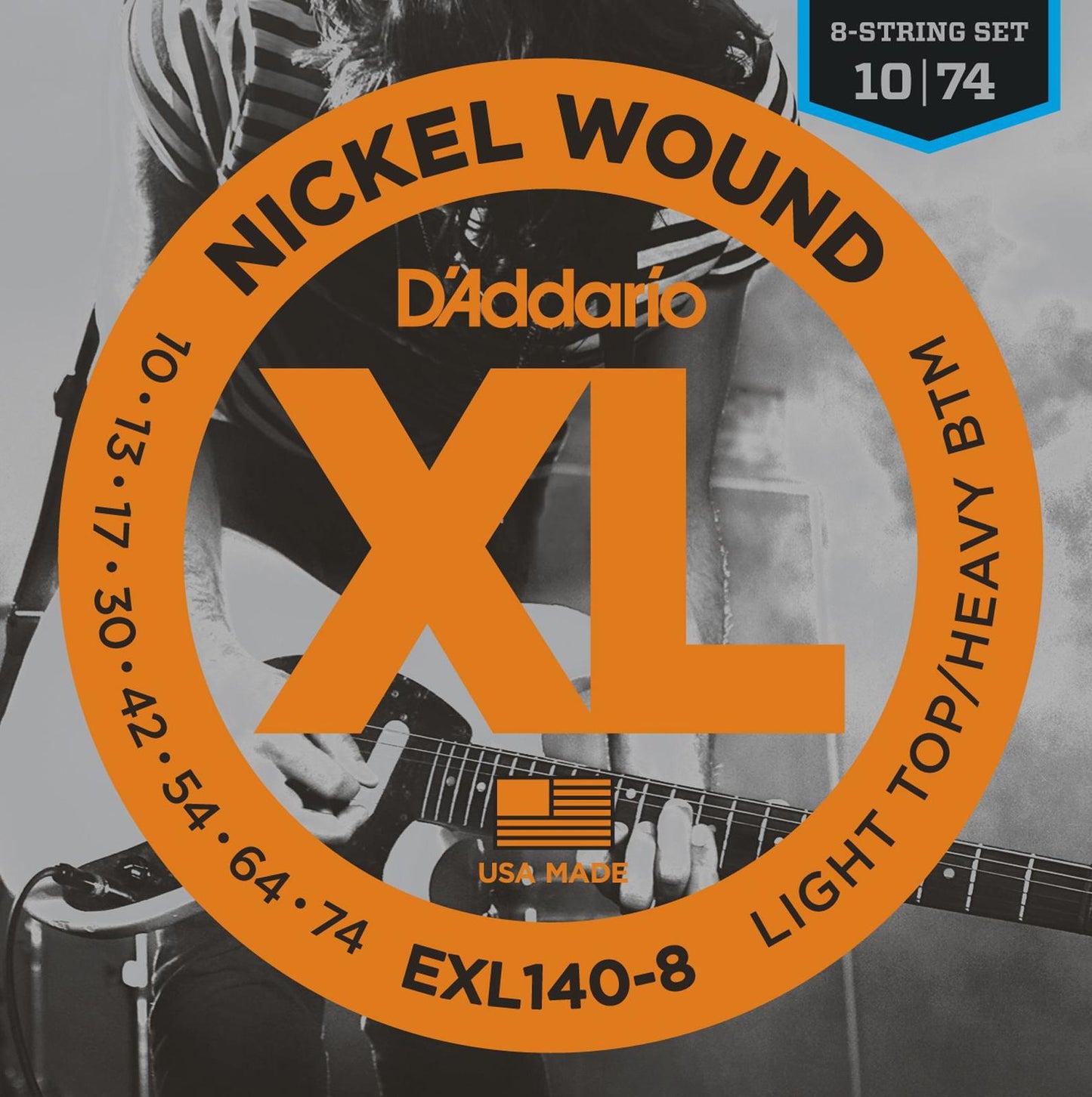 D'Addario EXL140-8 8-String Nickel Wound Electric Guitar Strings, Light Top-Heavy Bottom, 10-74