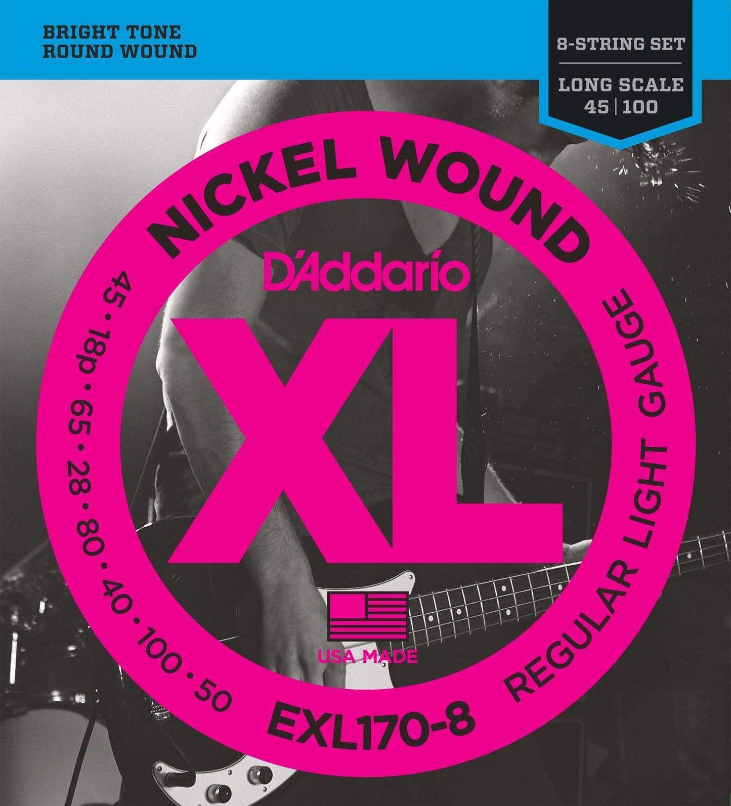 D'Addario EXL170-8 8-String Nickel Wound Bass Guitar Strings, Light, 32-130, Long Scale